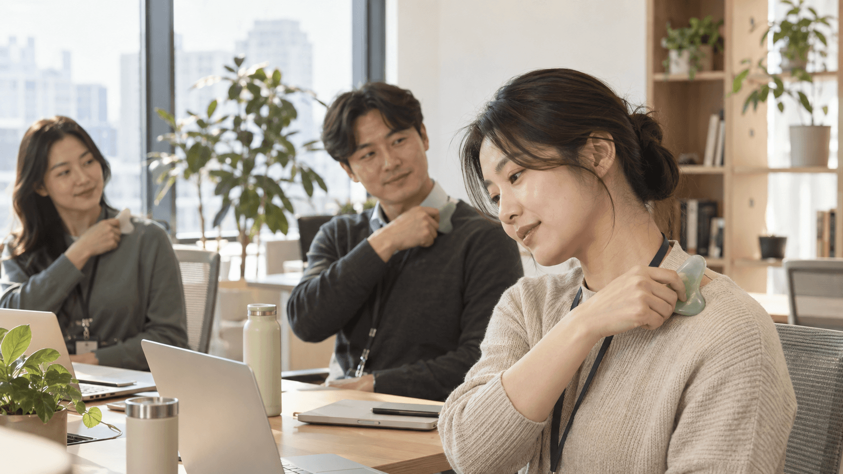 괄사를 이용해 어깨 부위를 마사지하며 몸의 긴장과 피로감을 돌보는 근육 마사지 프로그램 모습