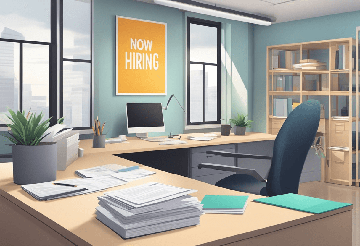 A bright, welcoming office space with a "Now Hiring" sign, a stack of resumes, and a mentorship program brochure on the desk