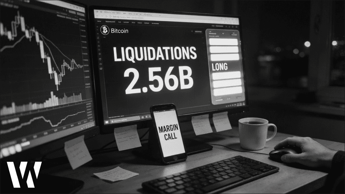 Black-and-white photo of a crypto trading desk showing a Bitcoin price crash below $75,000 and “LIQUIDATIONS 2.56B” on monitors, illustrating a major crypto market sell-off.