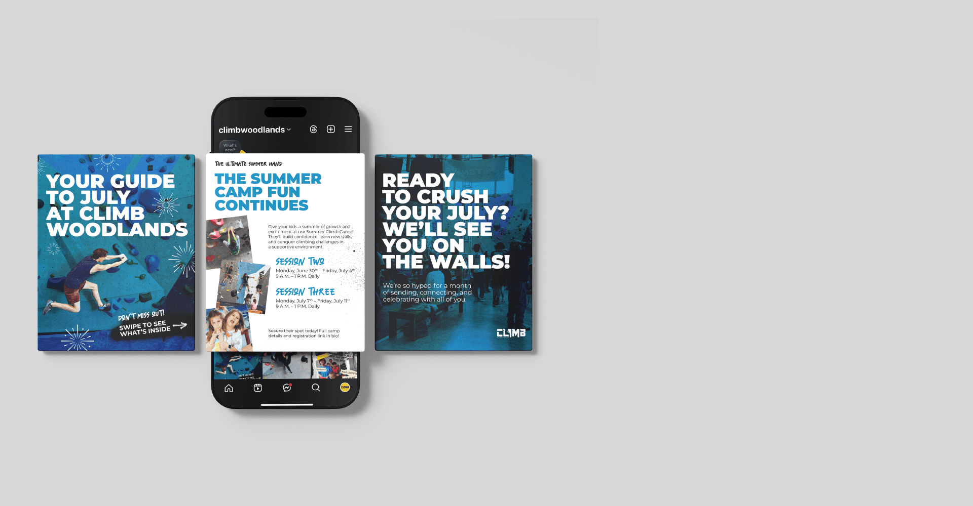 Social media carousel mockup from indoor climbing gym