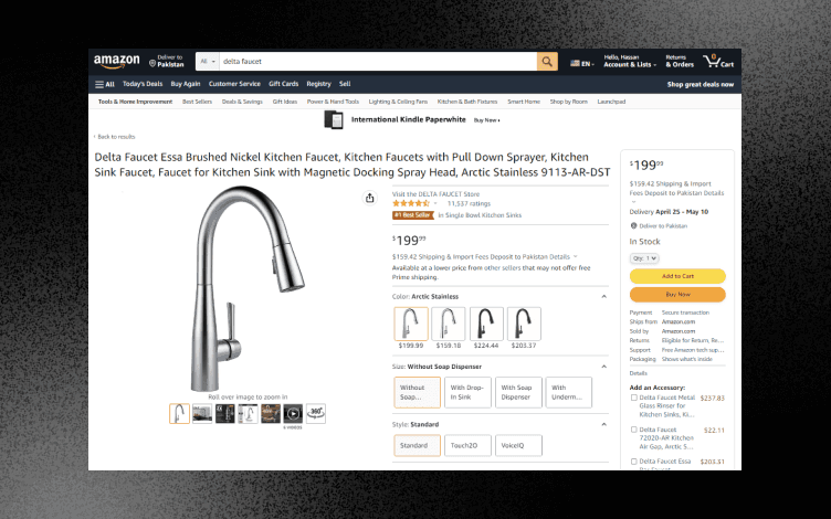 A screenshot of the Amazon website with a tap as a product listing