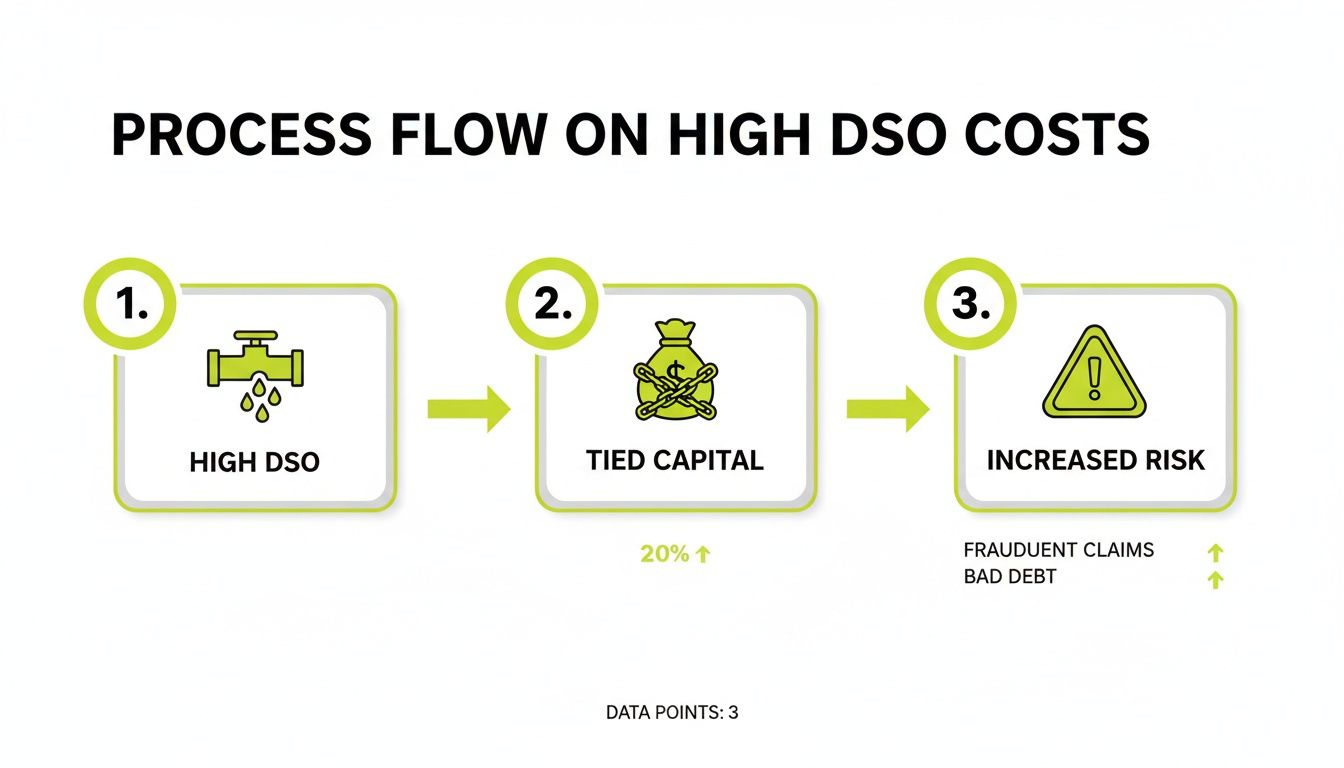 A process flow diagram explaining the impact of high DSO costs, leading to tied capital and increased risk.