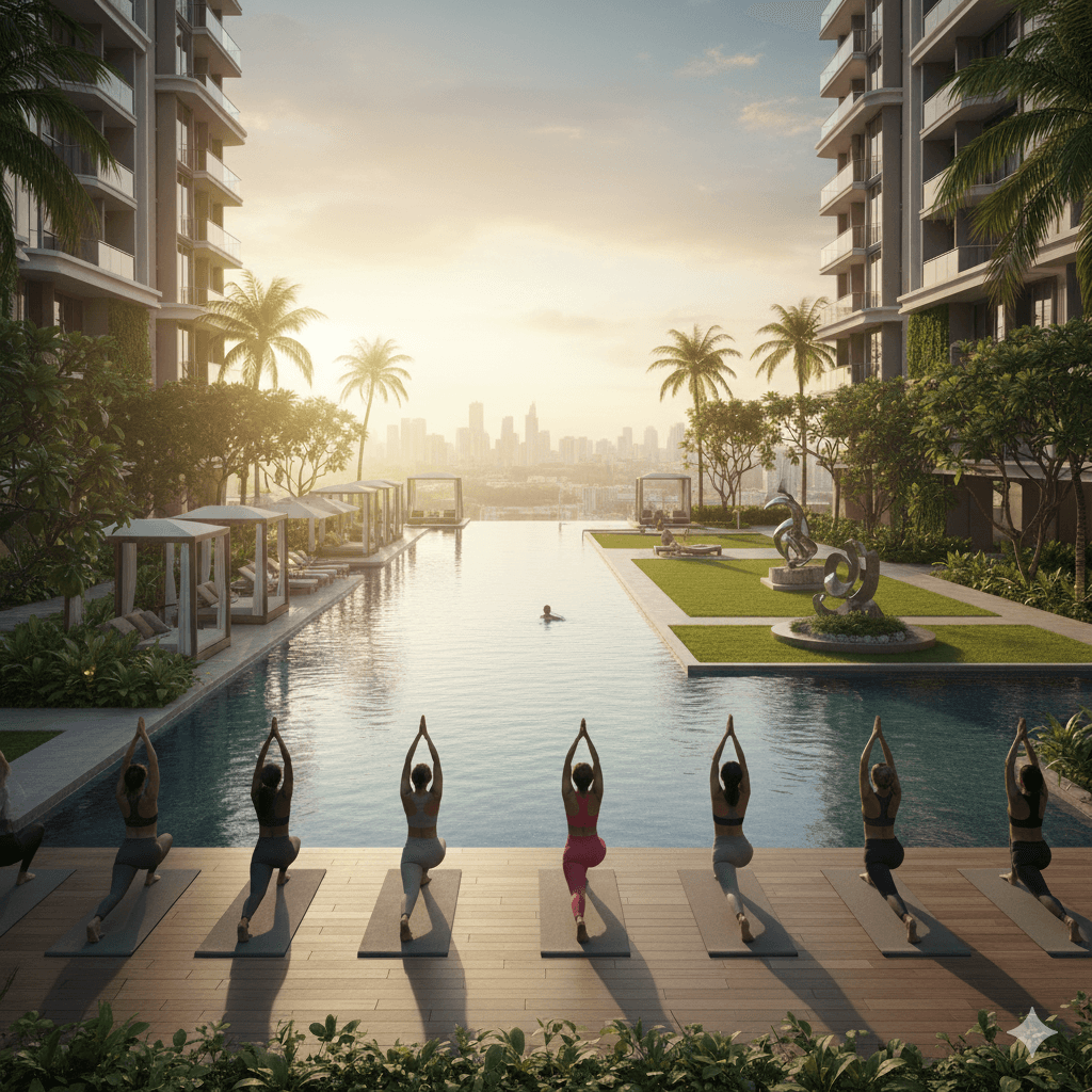 Group yoga and meditation deck by an outdoor swimming pool with serene greens