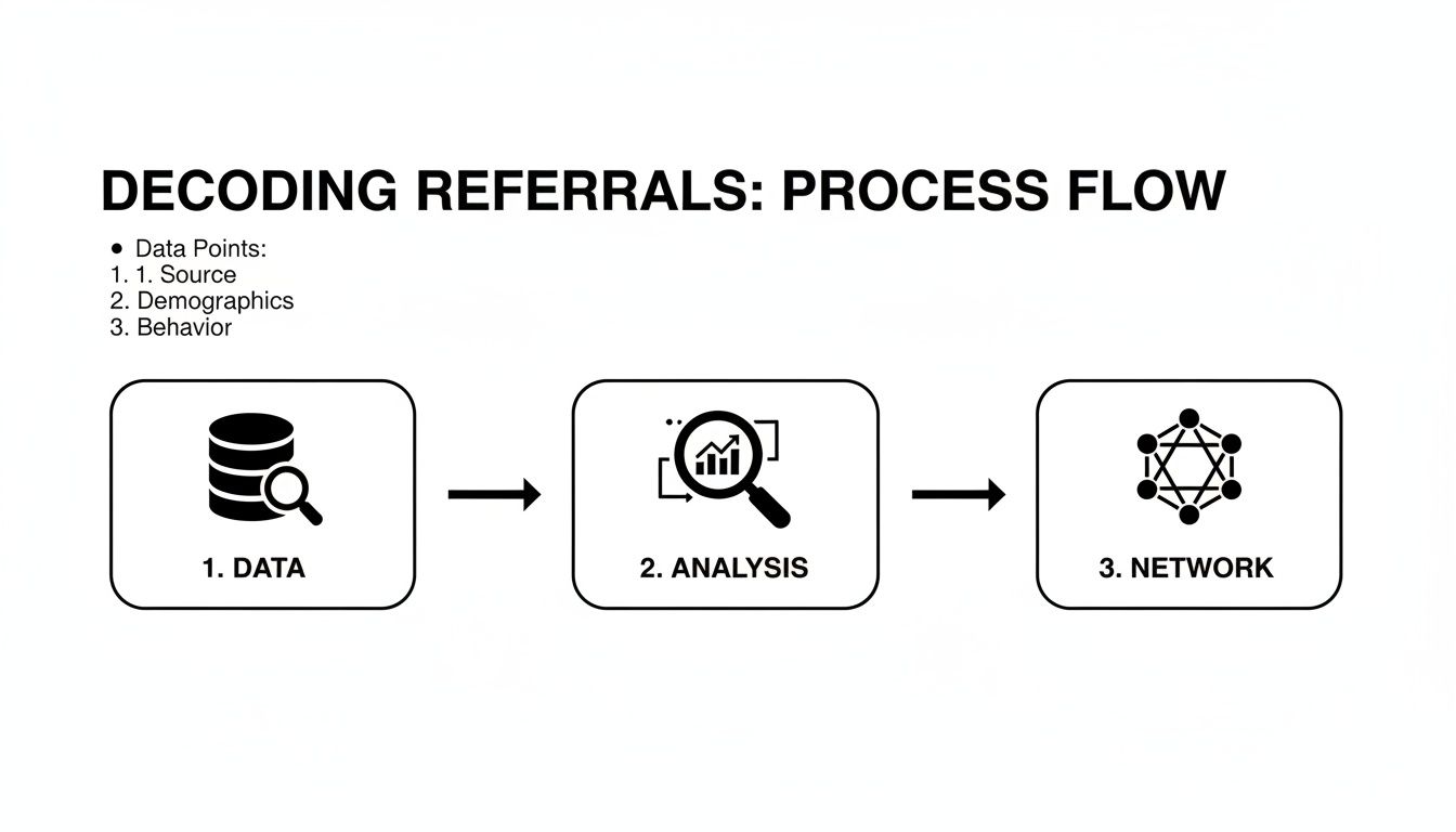 A diagram showing the 'Decoding Referrals: Process Flow' from data collection and analysis to network.