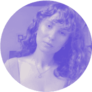 Purple-tinted portrait of a person with curly hair