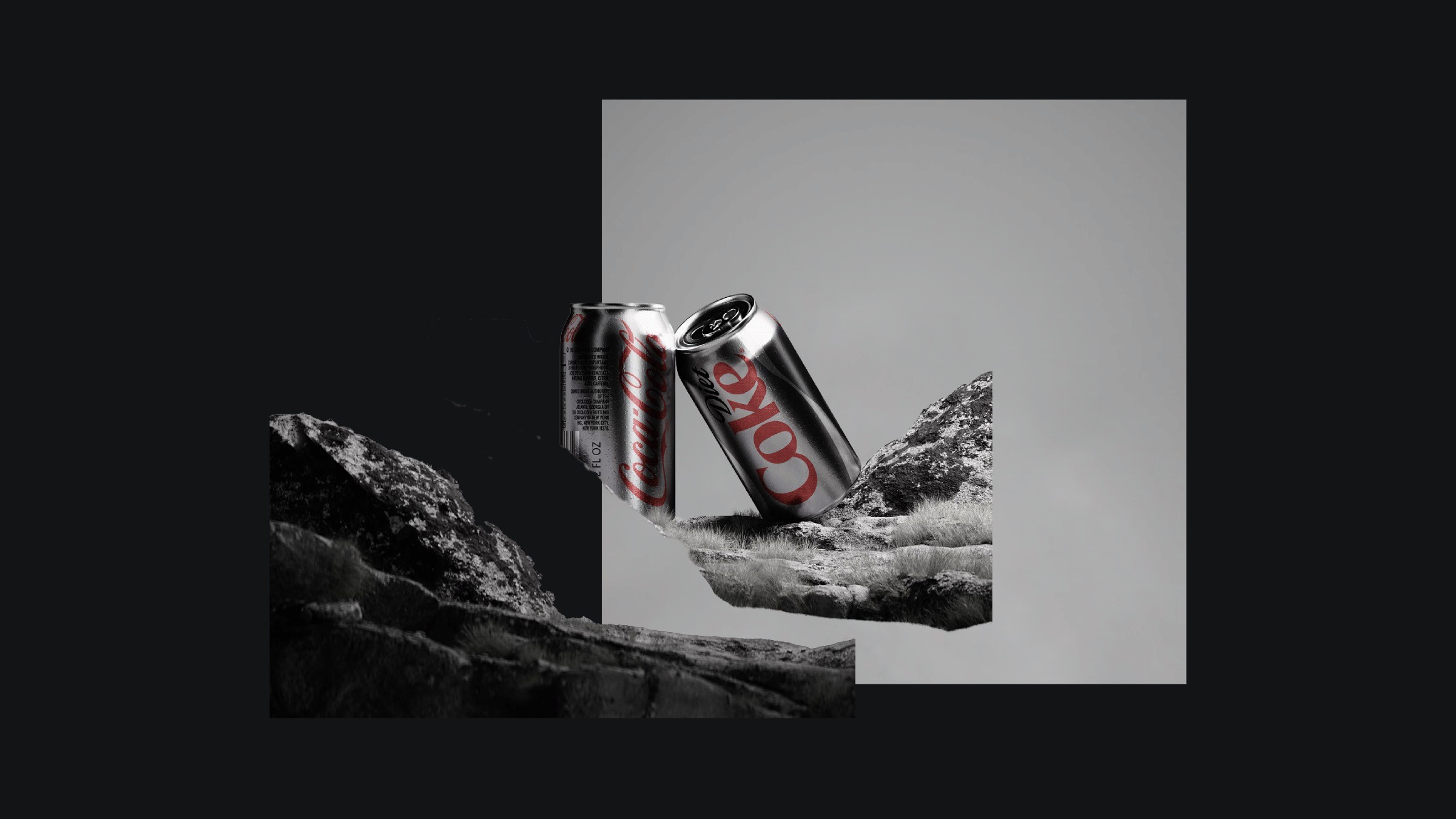 Image featuring a creative parallax design effect with Coca-Cola cans against a rocky, abstract background