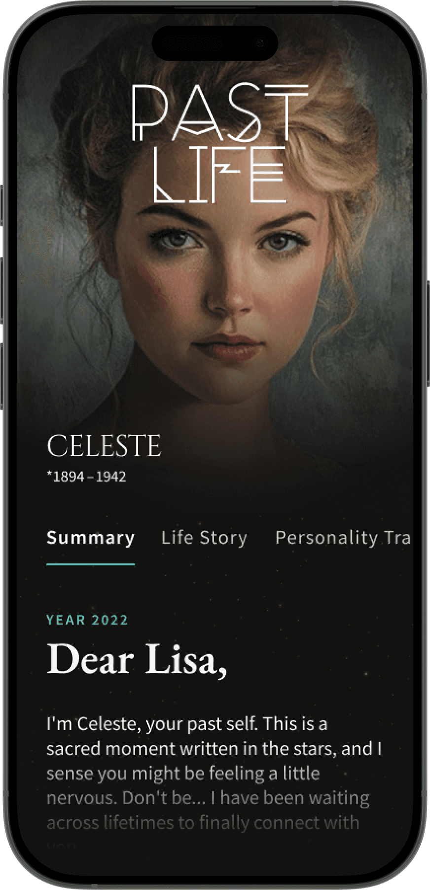 Past life app result screen showing who you were in a past life with life story and personality traits.
