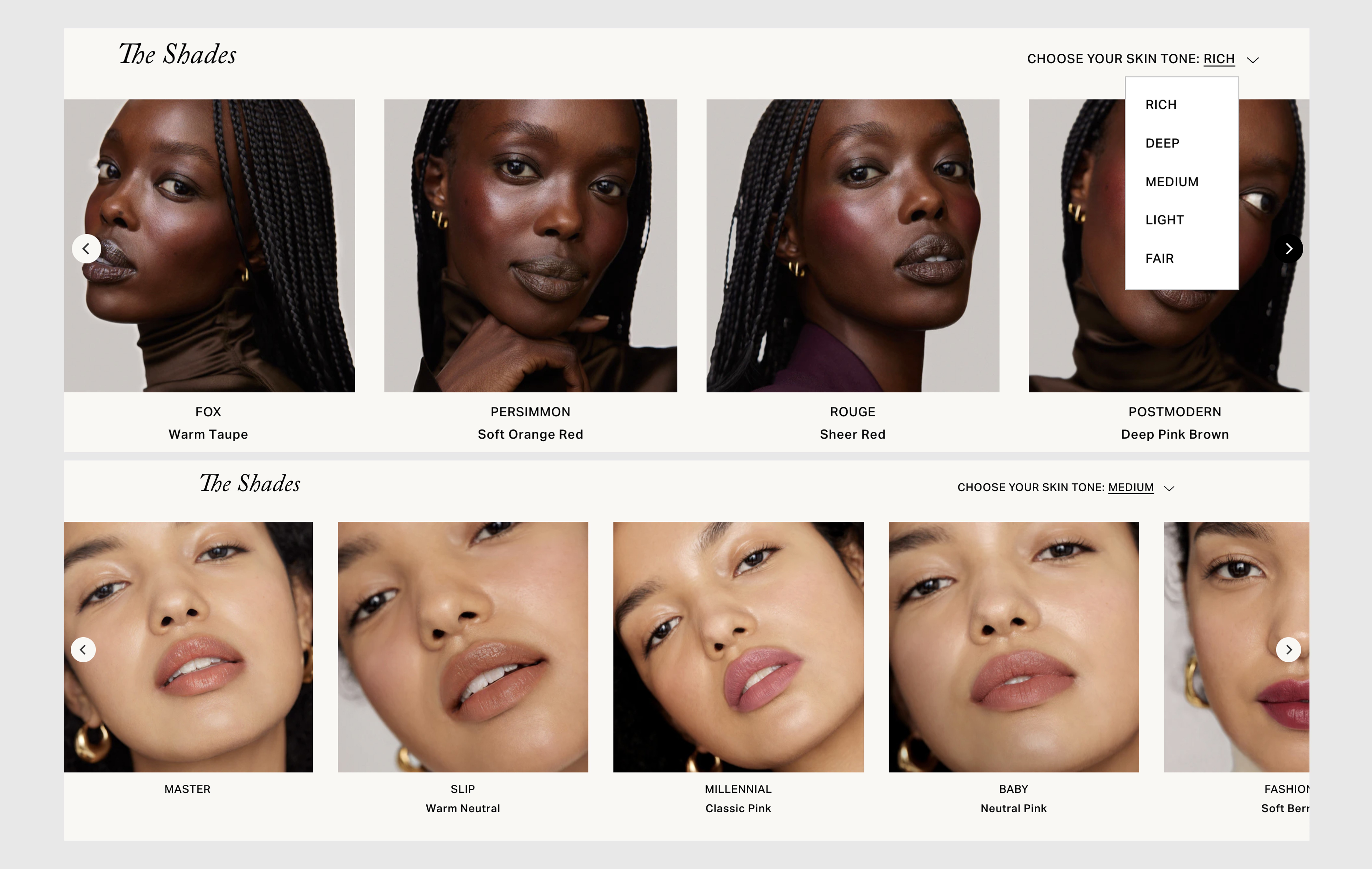Merit PDP showing product used on multiple skin tones in a single view