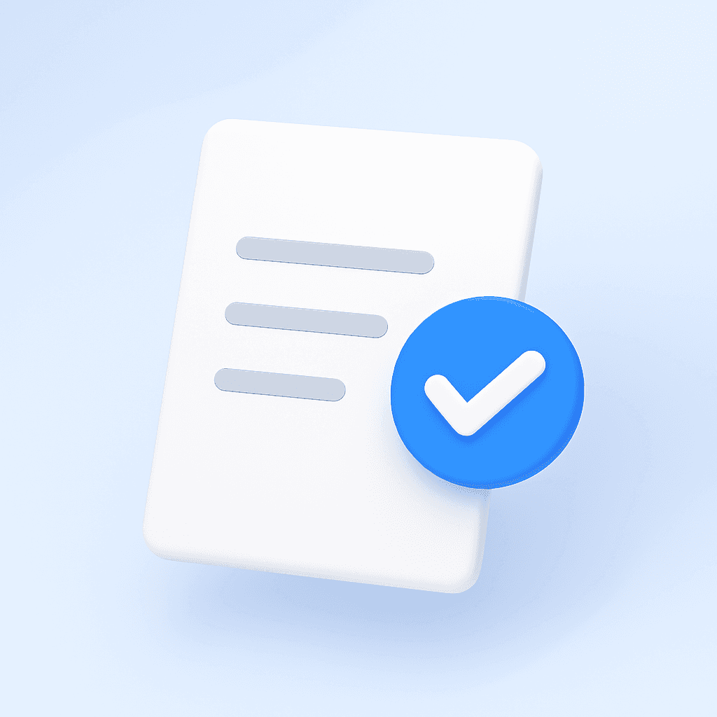 A 3D-rendered digital illustration of a clean white document with a single blue checkmark icon floating to the right. The document is minimal and centered, with no surrounding text or tags, conveying clarity, precision, and selection of the correct style.
