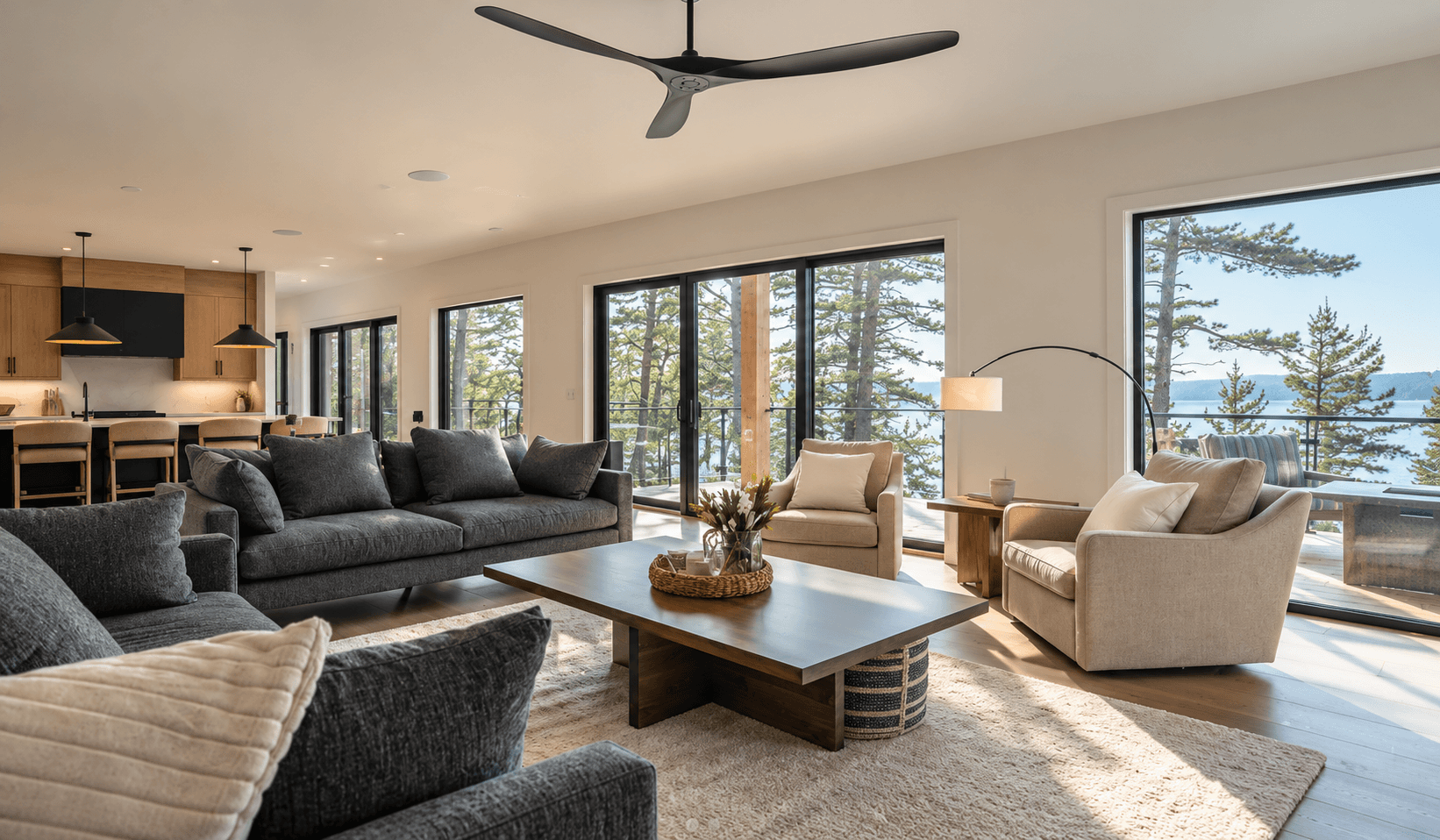 Cottage living room with expansive black-framed windows