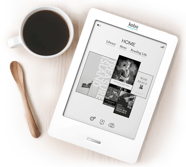 Overhead shot of a kobo touch ereader, cup of coffee and wooden spoon on a desk