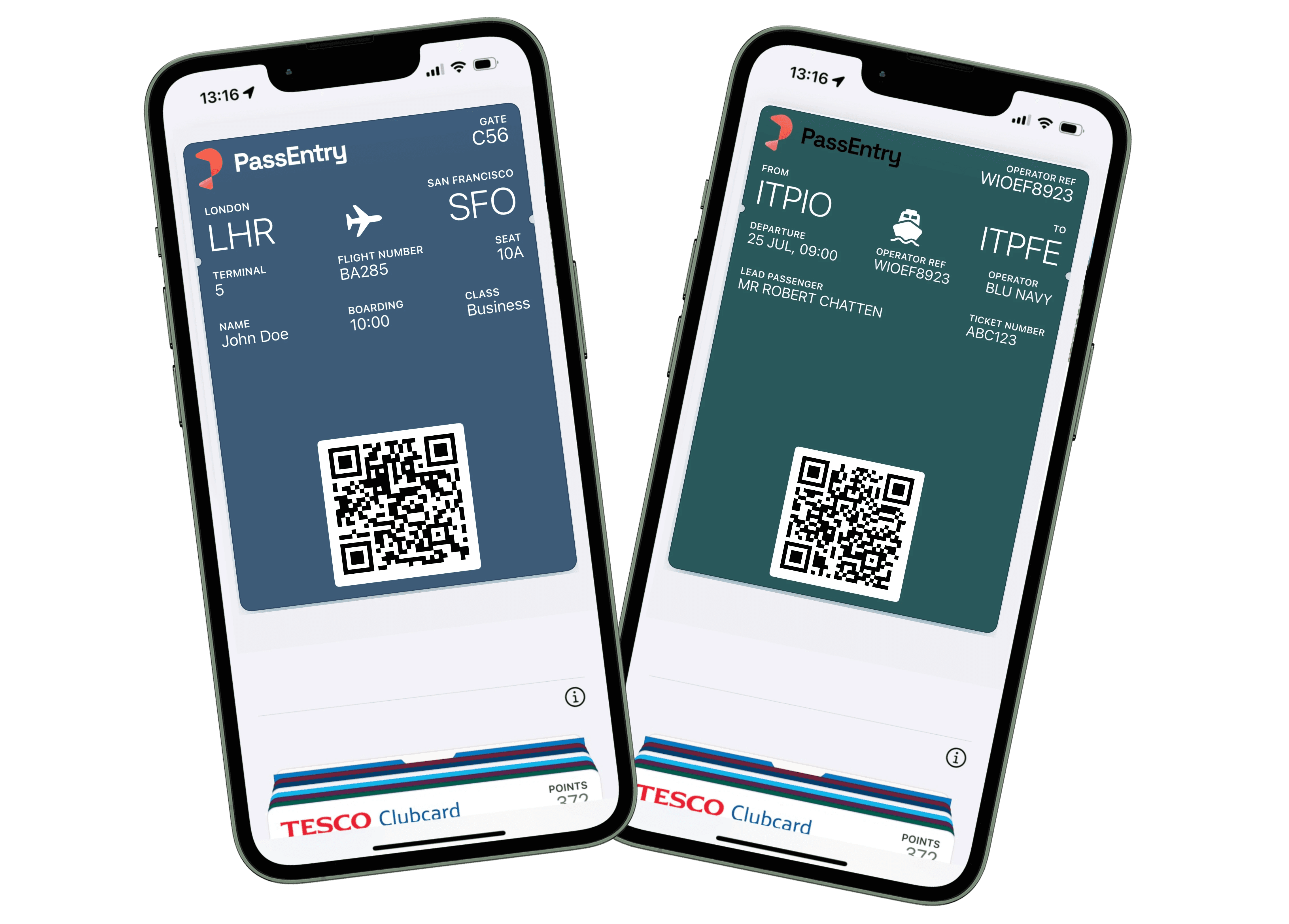 Two smartphones display digital boarding passes with QR codes for flights from London Heathrow (LHR) to San Francisco (SFO), alongside an international travel pass, both showcasing travel-related details and barcodes.