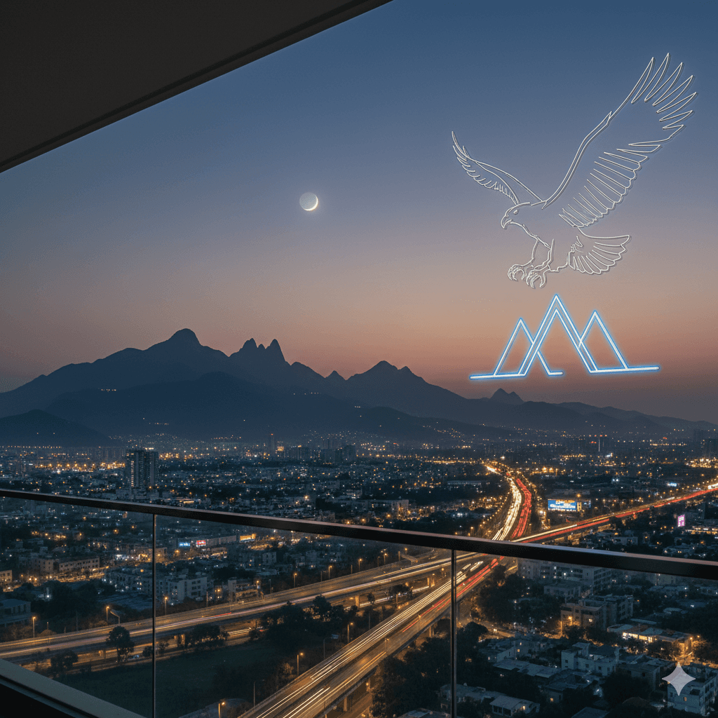 Panoramic sunset view of luxury high-rise towers and Aravali hills at M3M Sector 76