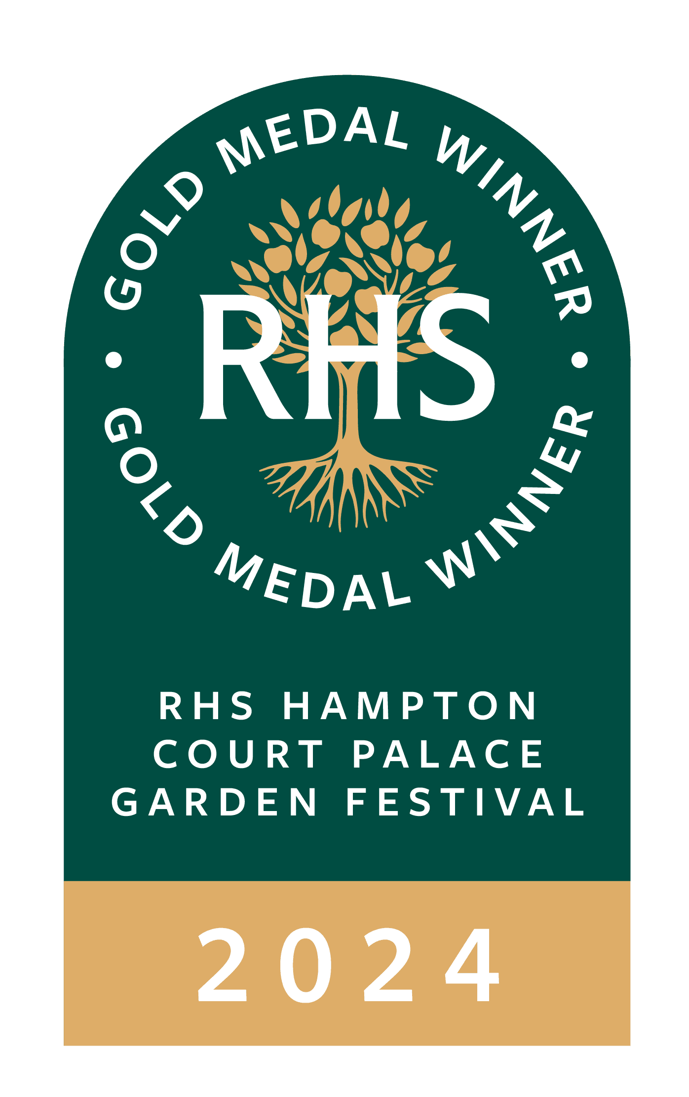 RHS Gold Medal award for 2024, featuring a tree emblem and text about the award and garden practices.