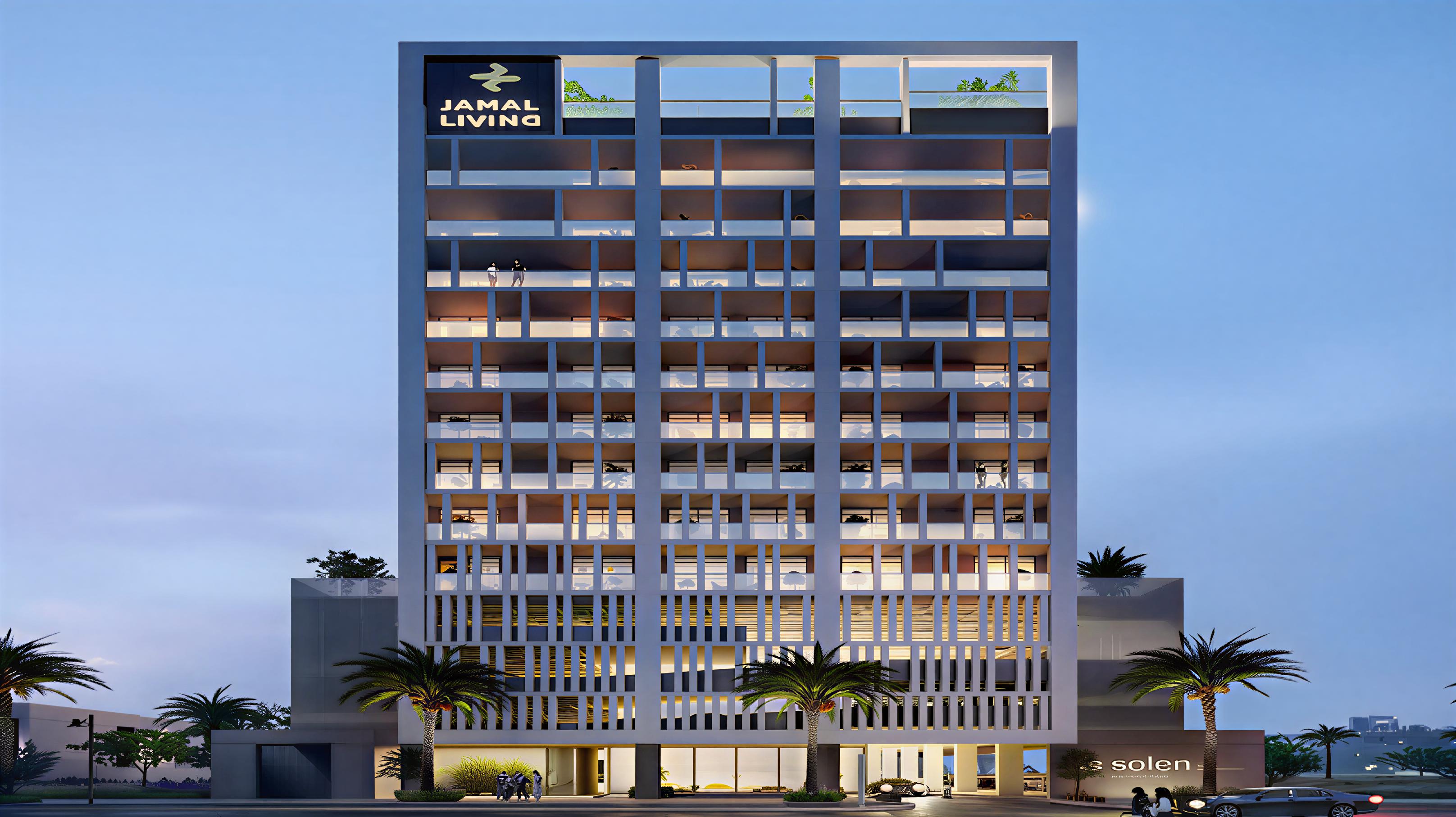 Solen Residence apartment building at the corner of a street, showcasing its modern architecture and urban setting.