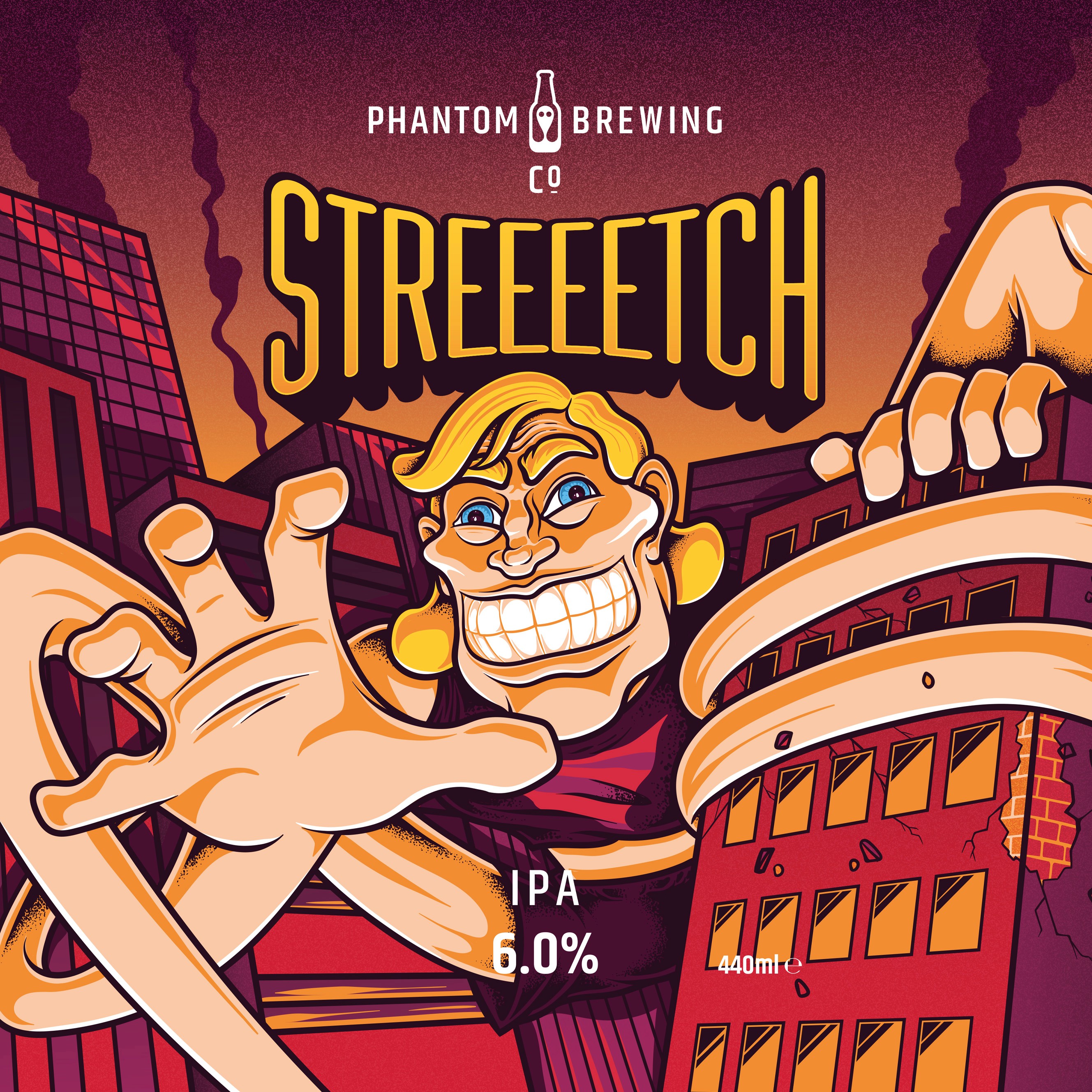 Phantom Brewing packaging illustration showing a smiling man with elastic arms and the title 'Streeeetch