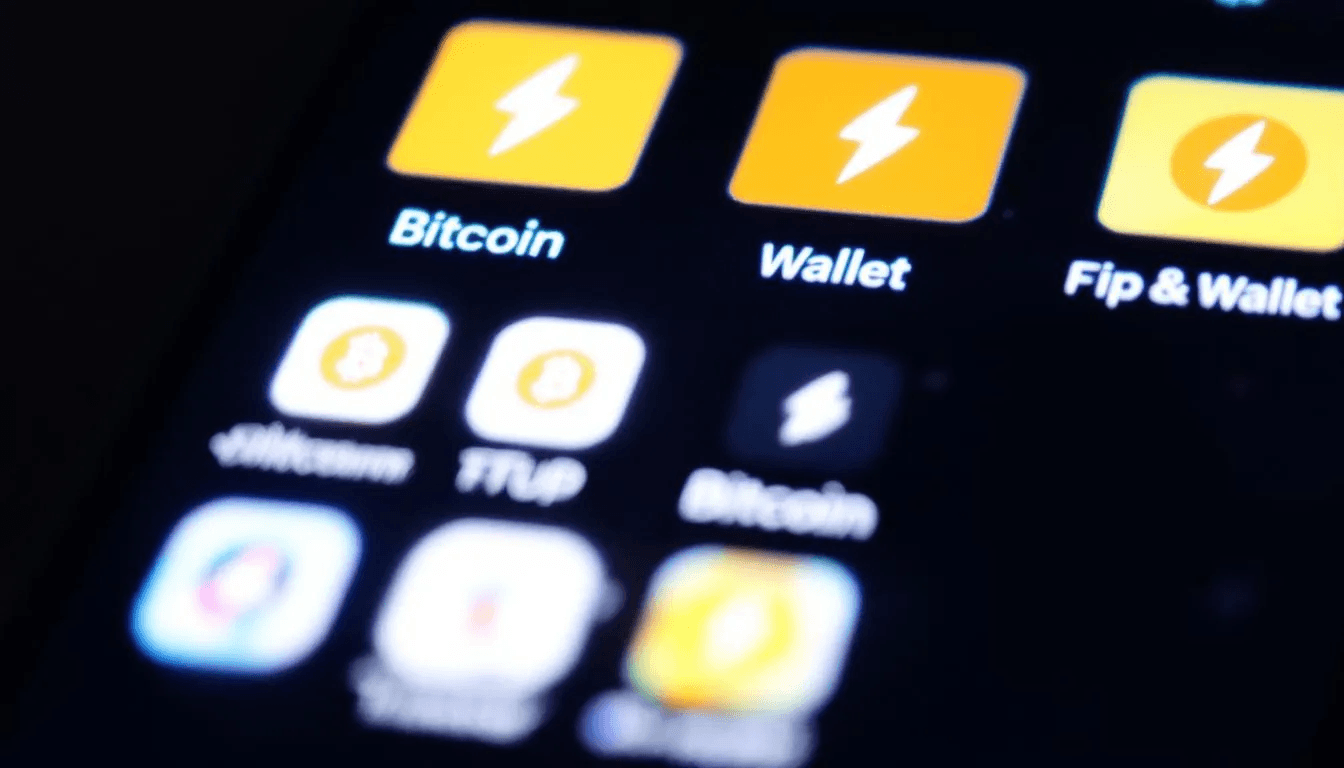 The image shows a smartphone screen filled with various Bitcoin wallet applications, prominently featuring lightning symbols that represent the Lightning Network. These apps highlight the key features of faster and cheaper transactions, enabling everyday payments through both on-chain and off-chain Bitcoin transactions.