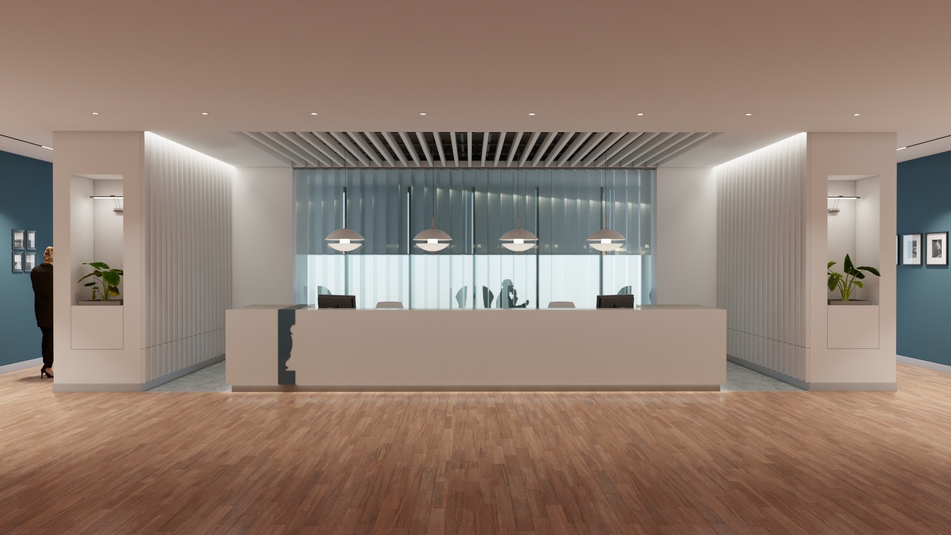 Modern office reception interior with a minimalist white desk, wooden flooring, pendant lighting, and glass partition background, creating a professional and welcoming workspace atmosphere.