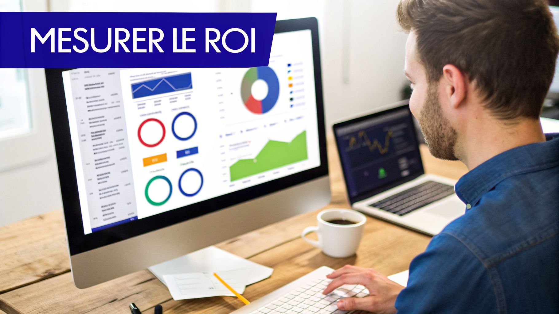 Un homme analyse des données de performance sur un écran d'ordinateur, avec l'inscription 