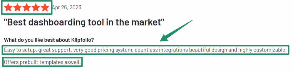 User review highlighting ease of setup, integrations, pricing, and customization in Klipfolio dashboards
