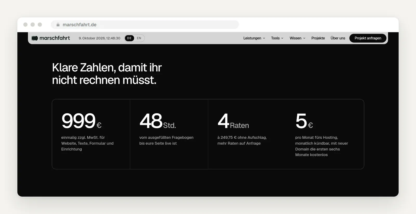 Landingpage-Abschnitt mit vier Zahlen: 999 Euro, 48 Stunden, 4 Raten, 5 Euro Hosting