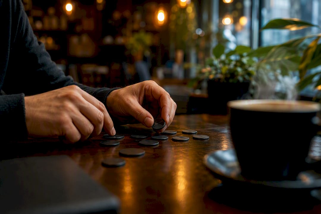 Hands stacking keyword tokens on desk
