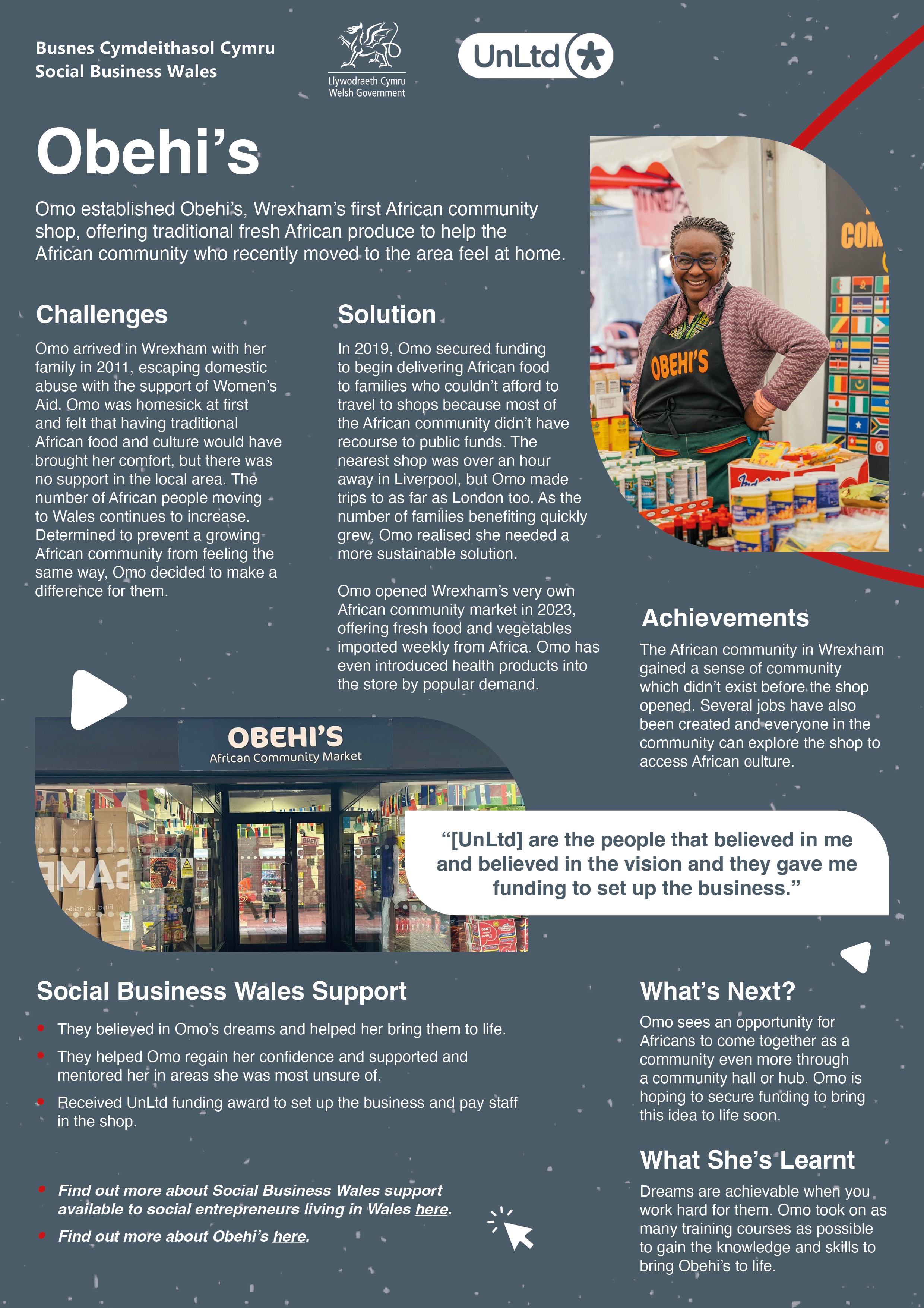 A mainly grey case study for UnLtd with accents of red swirling lines, columns of text in English and images of a smiling woman with food supplies and a shop front.