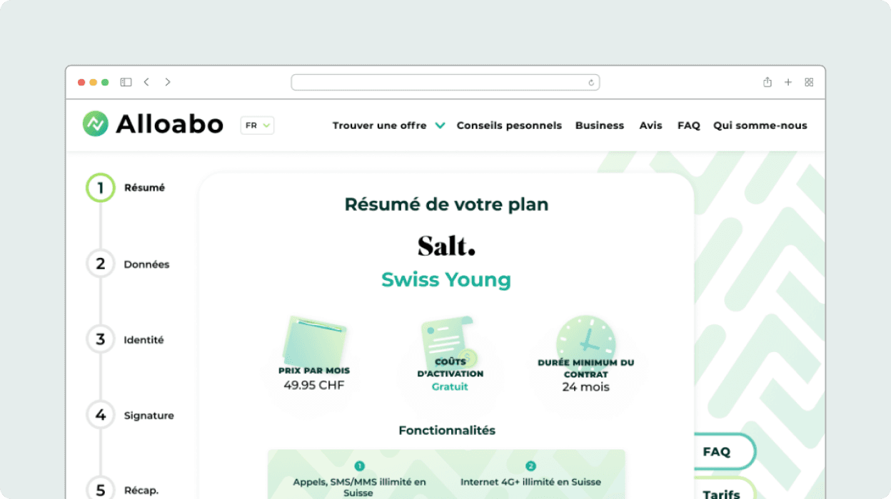 Capture d'écran de la première étape du formulaire d'achat d'un abonnement mobile contenant un résumé de l'abonnement sélectionné
