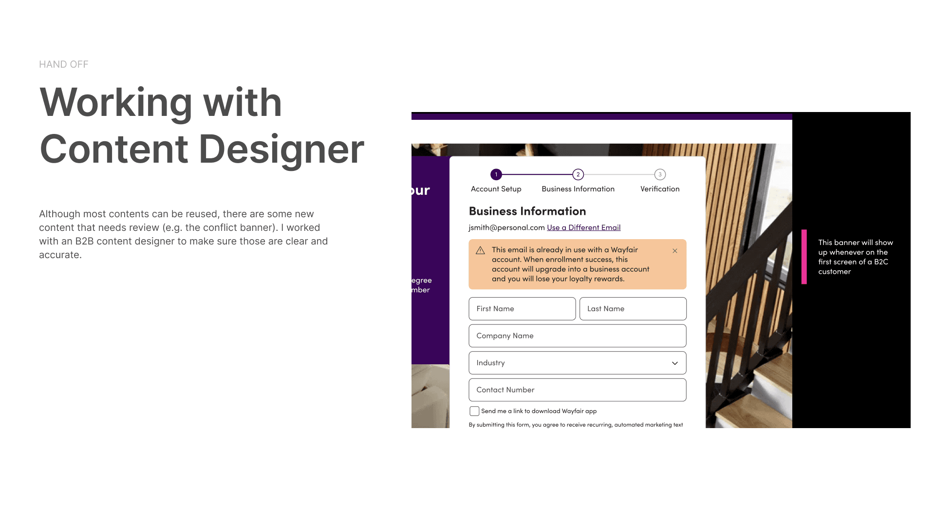 Business information form with account-conversion warning