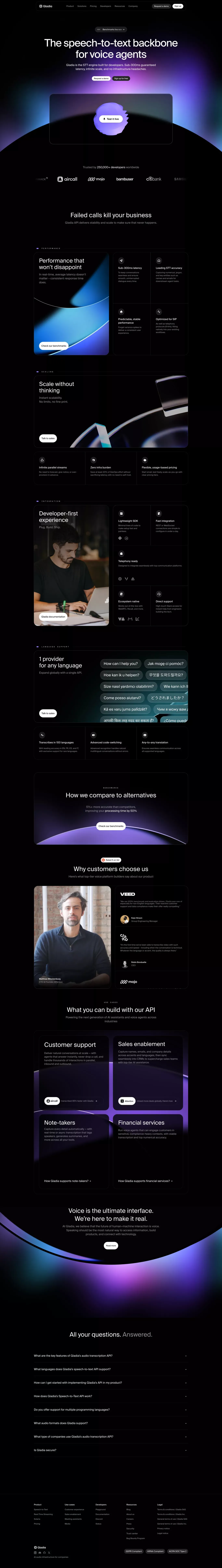 Gladia landing page screenshot showcasing Tech design