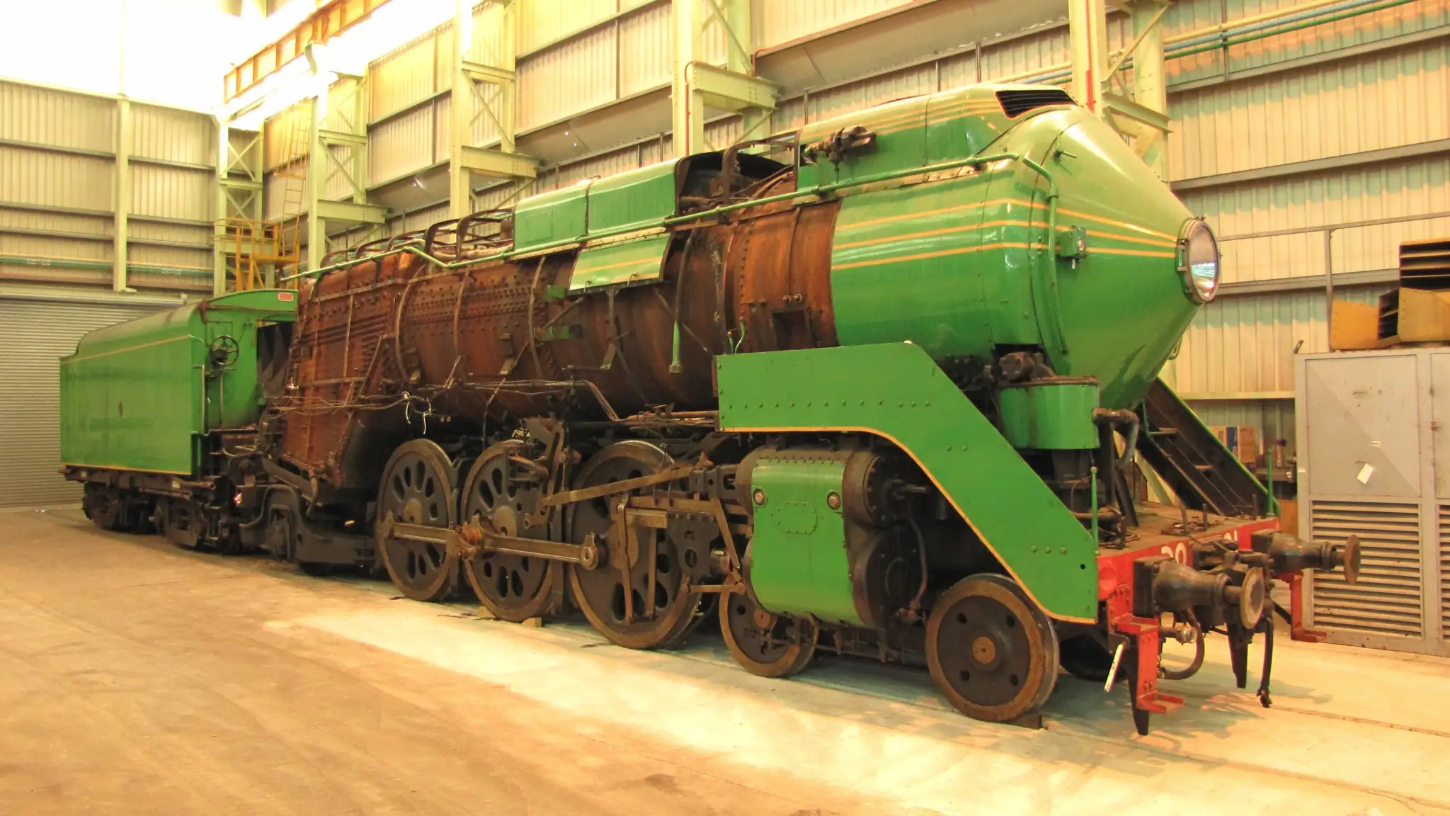 Locomotive 3801 is stripped down at the beginning of its restoration.