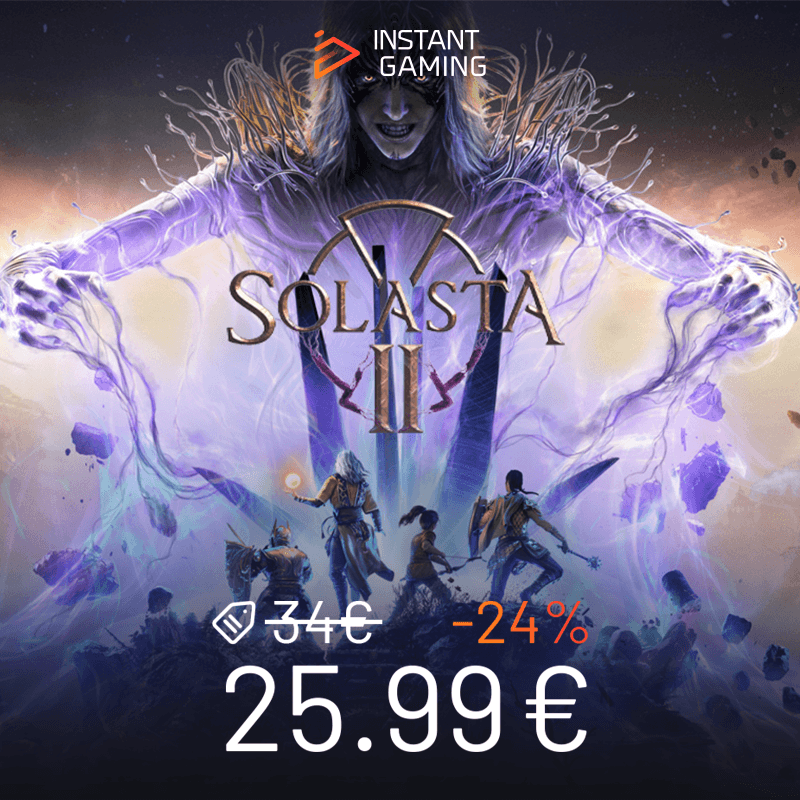 Solasta II jaquette officielle avec prix Instant Gaming 25.99€, RPG tactique fantasy inspiré de Dungeons & Dragons avec combats au tour par tour