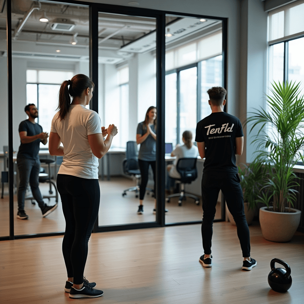 An office setting workout with kettlebells, while other work in close by rooms