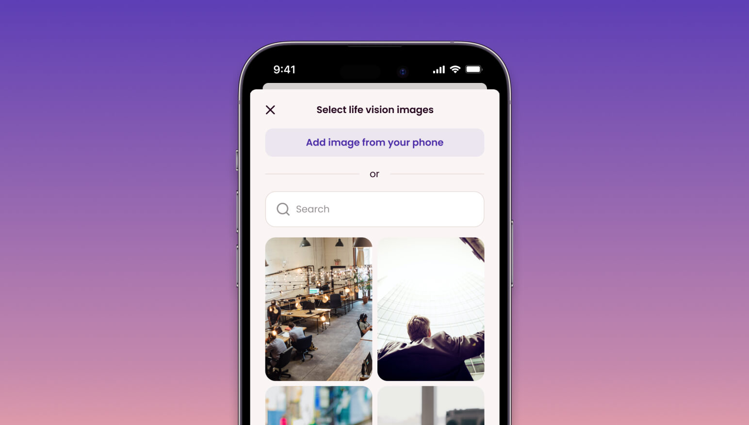 Screenshot of Griply app where user uploads personal images to their life vision