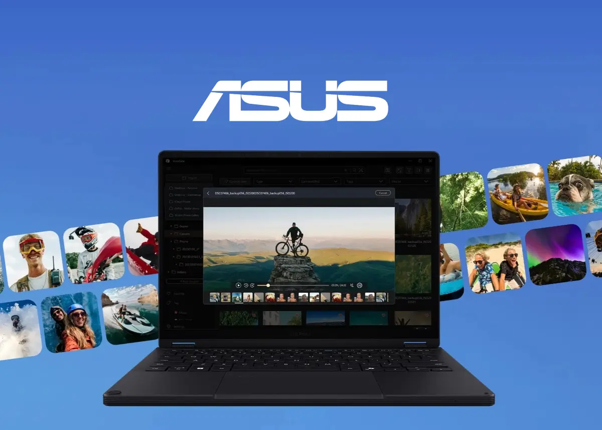 A black ASUS ProArt GoPro Edition PX13 laptop with a photo editing application open on the screen is displayed against a blue background, surrounded by a curved array of colourful travel and adventure images.