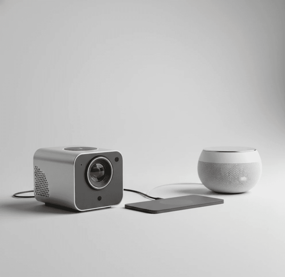 Compact silver projector with spherical speaker