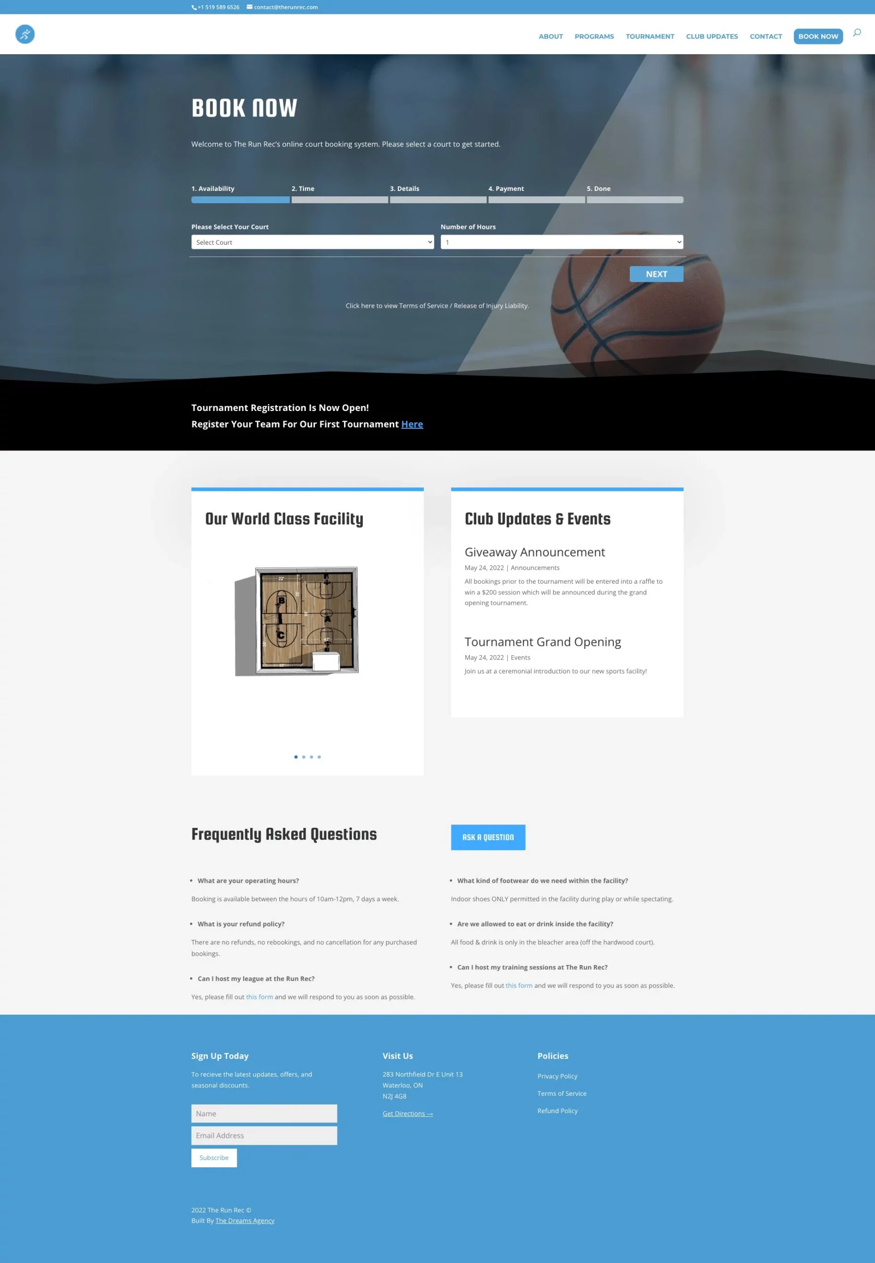 book now page for therunrec website developed & designed by Dreams Agency Mississauga, Ontario