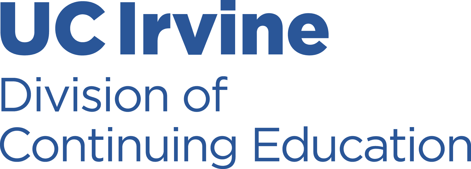 Alt text: "Logo of UCI Division of Continuing Education featuring 'UCI' in bold dark blue letters with a geometric design on the 'U' representing a book, followed by the words 'Division of Continuing Education' in a lighter shade of blue.