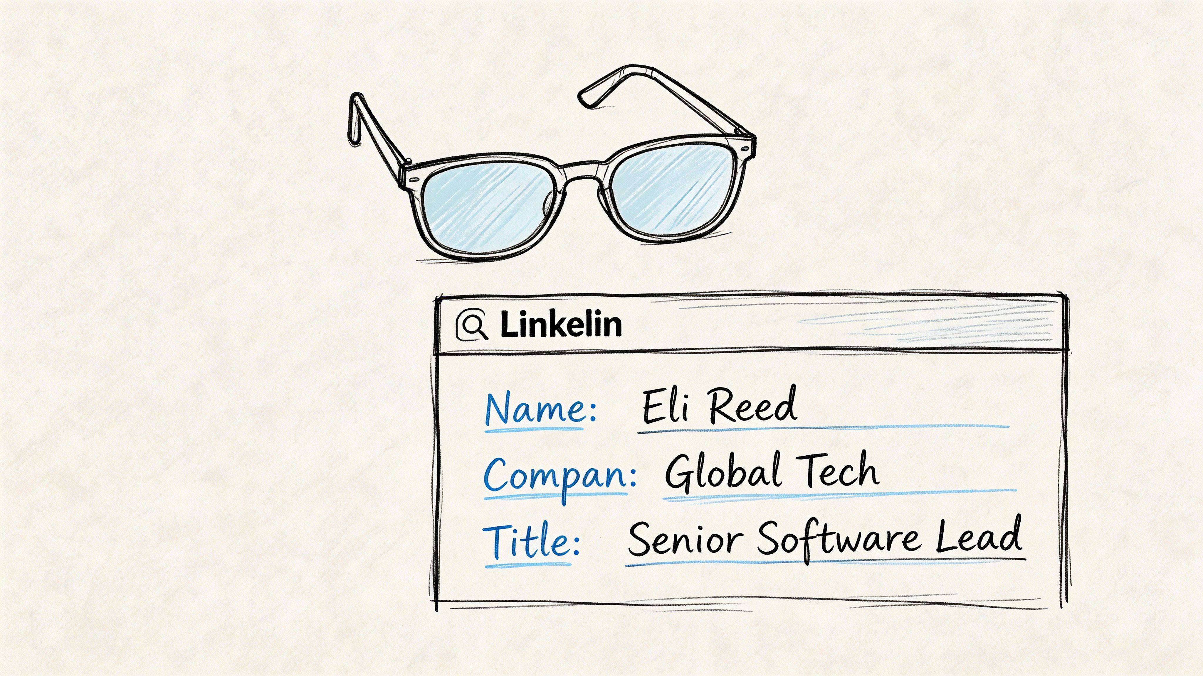 A hand-drawn illustration showing a pair of glasses above a profile card labeled Linkelin for Eli Reed.
