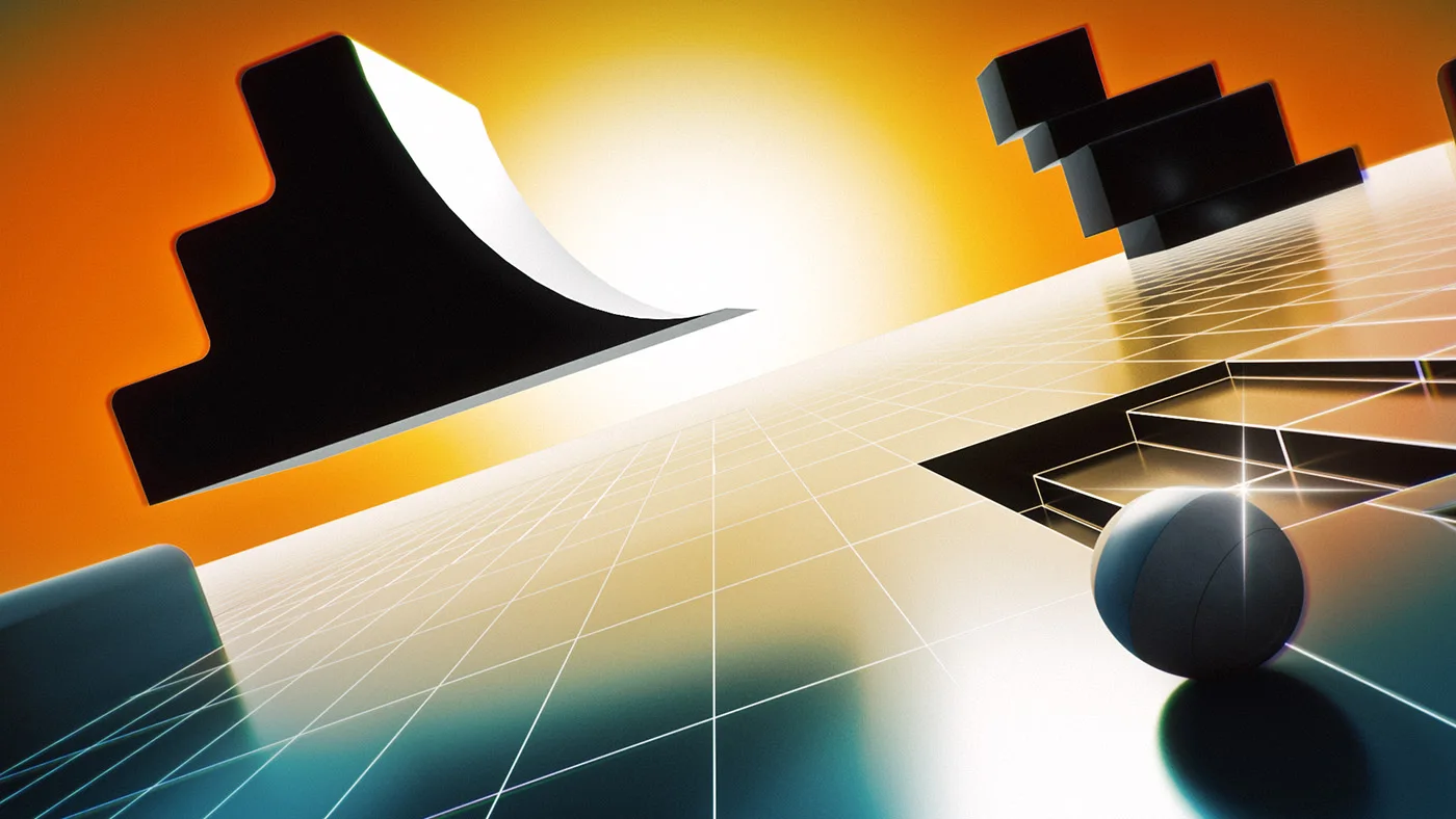 A surreal landscape featuring geometric shapes, a sphere, and a bright sunrise against a gradient sky.