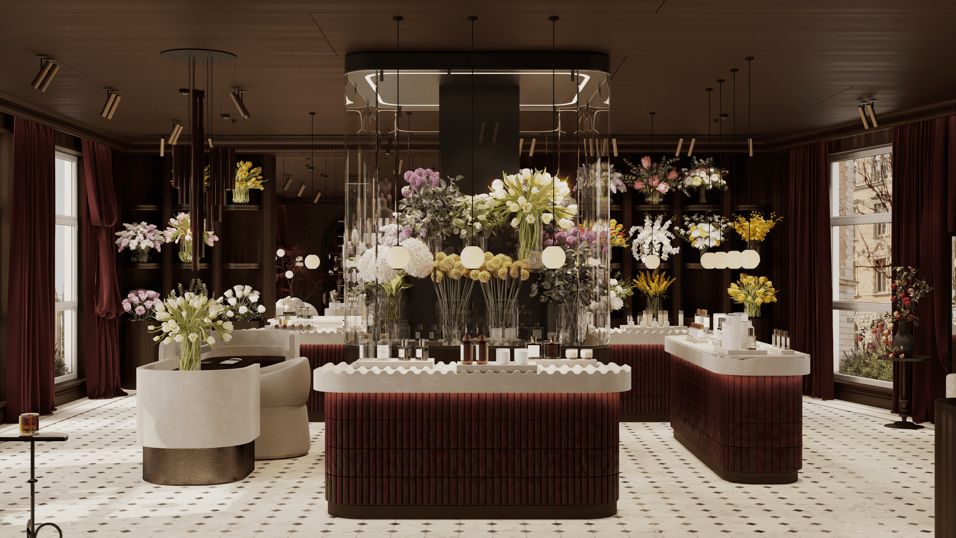 Luxurious flower shop interior with displays of fresh bouquets and vases.