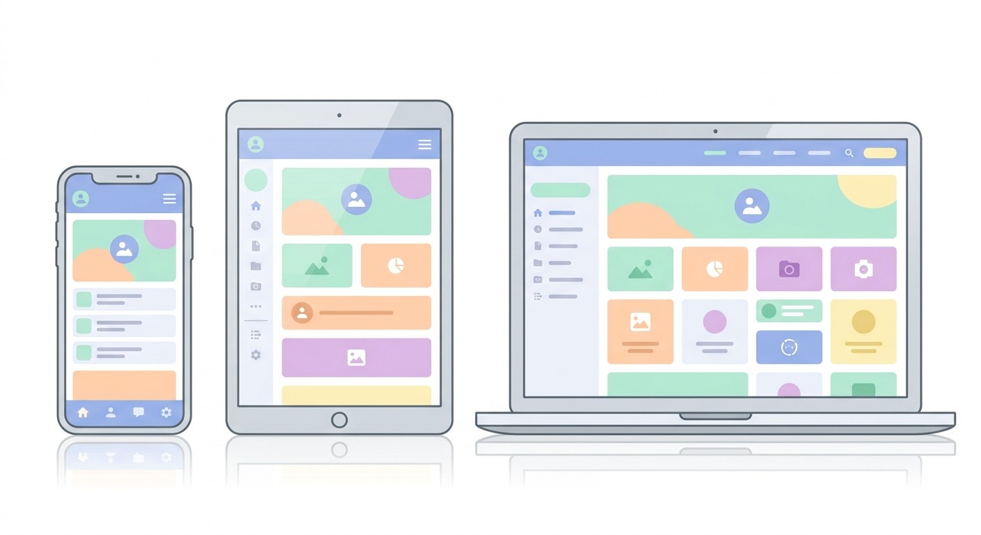 The same app running on a smartphone, tablet, and laptop as a responsive web app