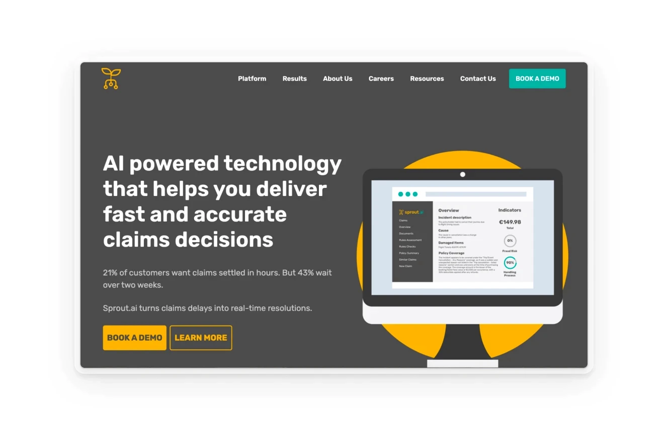 Sprout AI homepage showcasing a claims processing interface with the tagline 'AI powered technology that helps you deliver fast and accurate claims decisions.