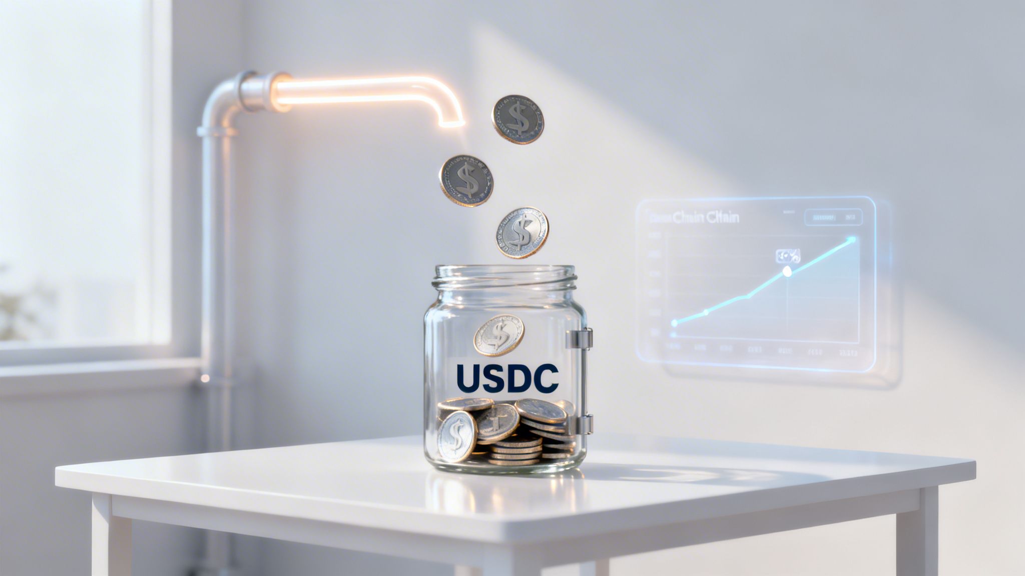 USDC stablecoin jar on a table, with dollar coins falling and a glowing growth chart.