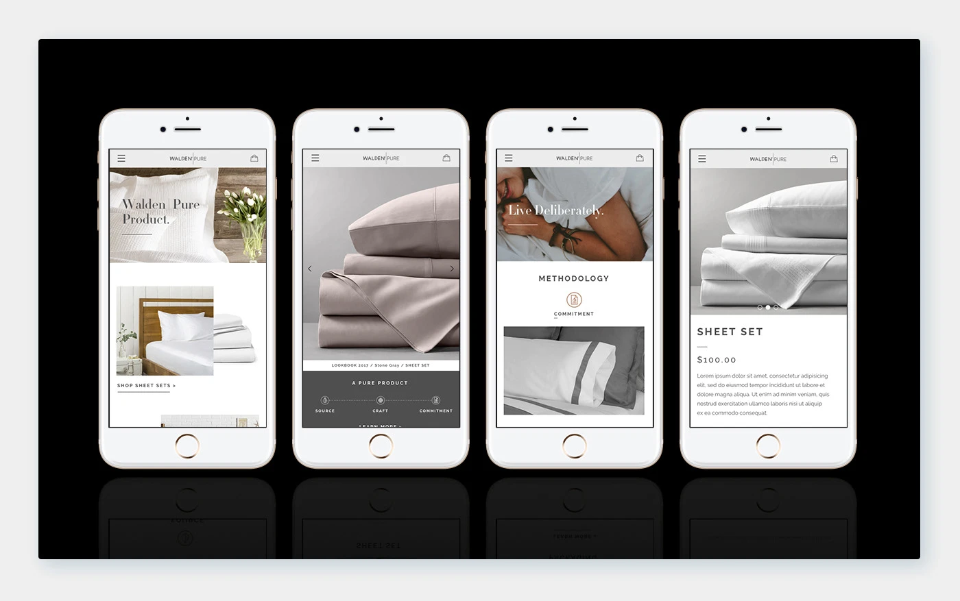 Walden Pure mobile shopping screens showing bedding, product details, and fabric information.