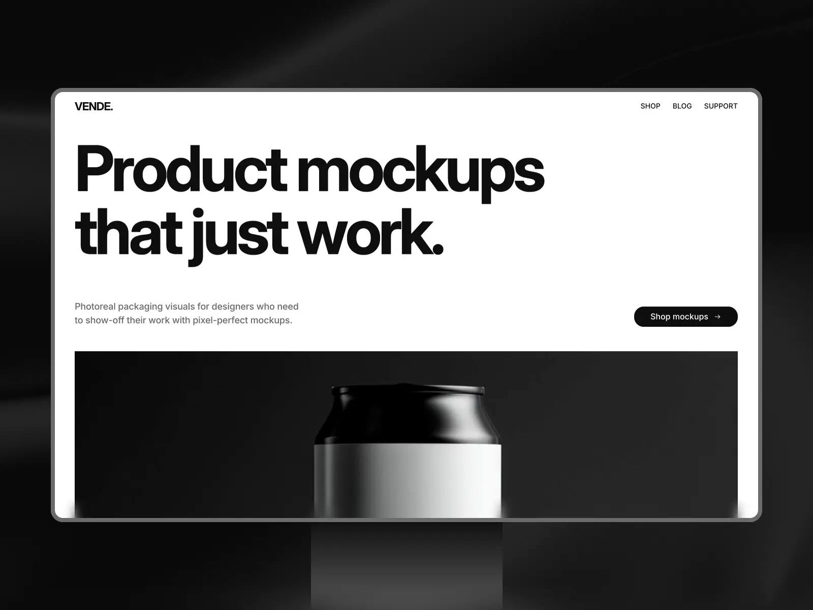 Preview of the VENDE Framer template homepage for a product mockups and digital assets store.