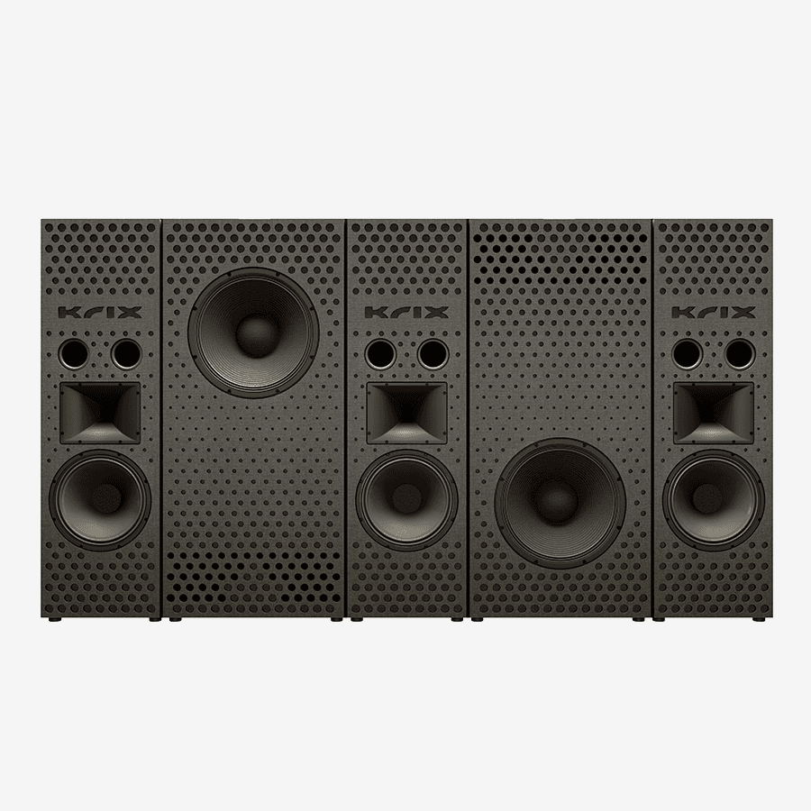 Five black modular speakers with perforated fronts.