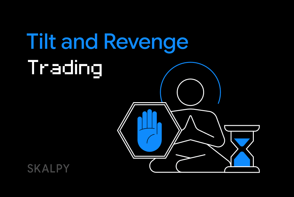 Trading academy article cover image on a solid black background. Left side features the title "Tilt and Revenge" in blue bold text, and "Trading" in a white pixelated font, with the "SKALPY" logo below. Centered is a white line-art illustration of a figure in a meditative seated pose. Behind the figure is a halo. To the left is a hexagonal shield with a solid blue hand palm. To the right is a blue hourglass. Minimalist style.