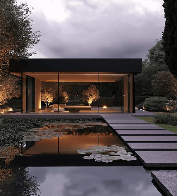 Squared arhtitectural cabin made of glass panels with green grass and terraces