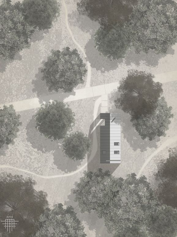 Site plan showing a narrow building among mature trees